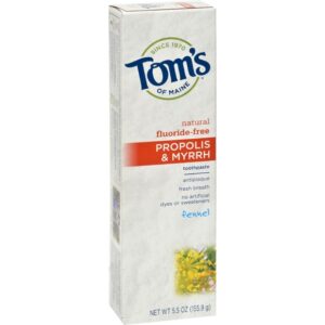 TOMS OF MAINE Toothpaste, Fluoride-Free, Propolis & Myrrh, Fennel – 5.5 Ounces